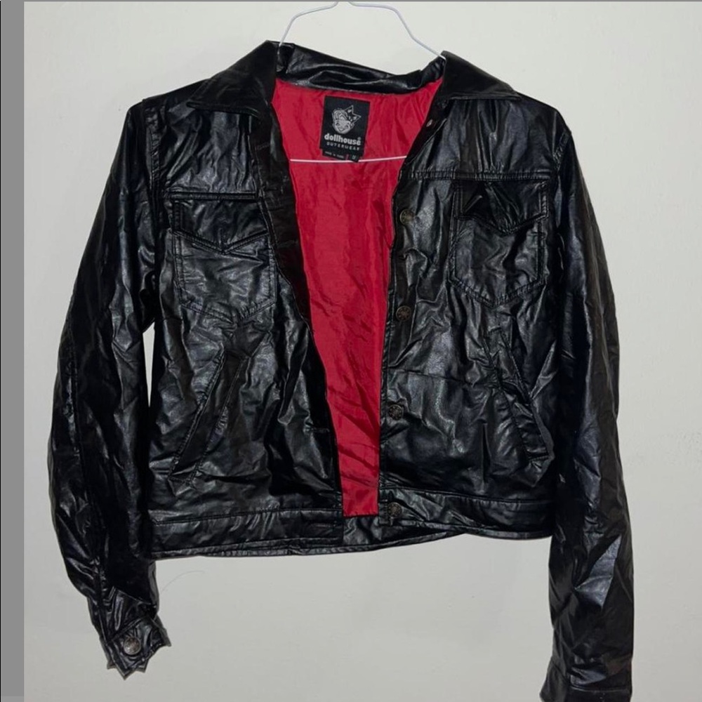Black leather jacket with red interior